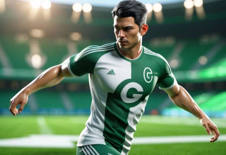 Jogador de futebol em ação vestindo uniforme verde com um design que inclui a letra G integrada na roupa, em campo de futebol com gramado verde.