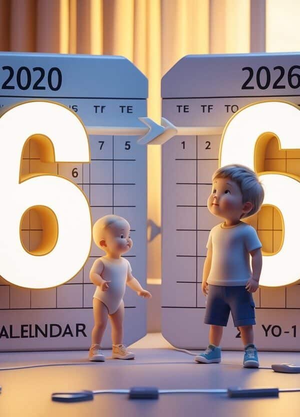Cena mostrando um bebê ao lado do ano 2020 e uma criança ao lado do ano 2026, com o número 6 flutuando entre eles, representando a idade de seis anos.