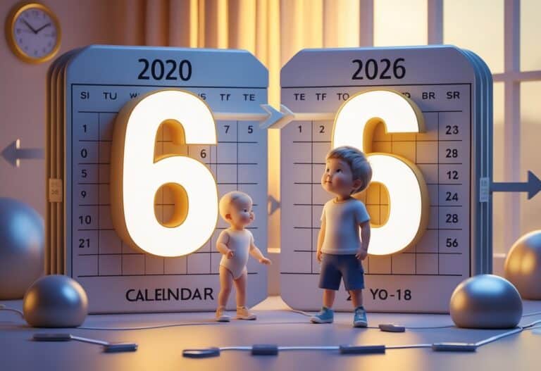 Cena mostrando um bebê ao lado do ano 2020 e uma criança ao lado do ano 2026, com o número 6 flutuando entre eles, representando a idade de seis anos.