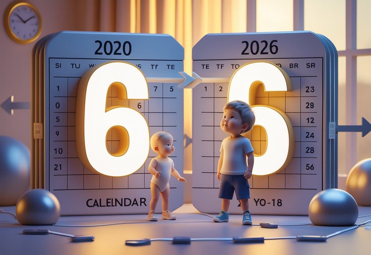 Cena mostrando um bebê ao lado do ano 2020 e uma criança ao lado do ano 2026, com o número 6 flutuando entre eles, representando a idade de seis anos.