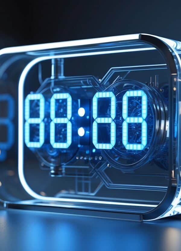Relógio digital futurista com números azuis luminosos mostrando a hora em um ambiente escuro.