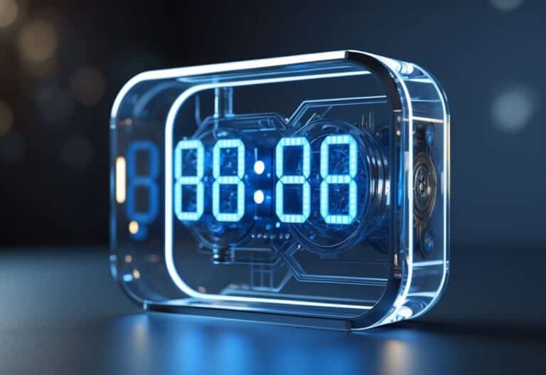 Relógio digital futurista com números azuis luminosos mostrando a hora em um ambiente escuro.
