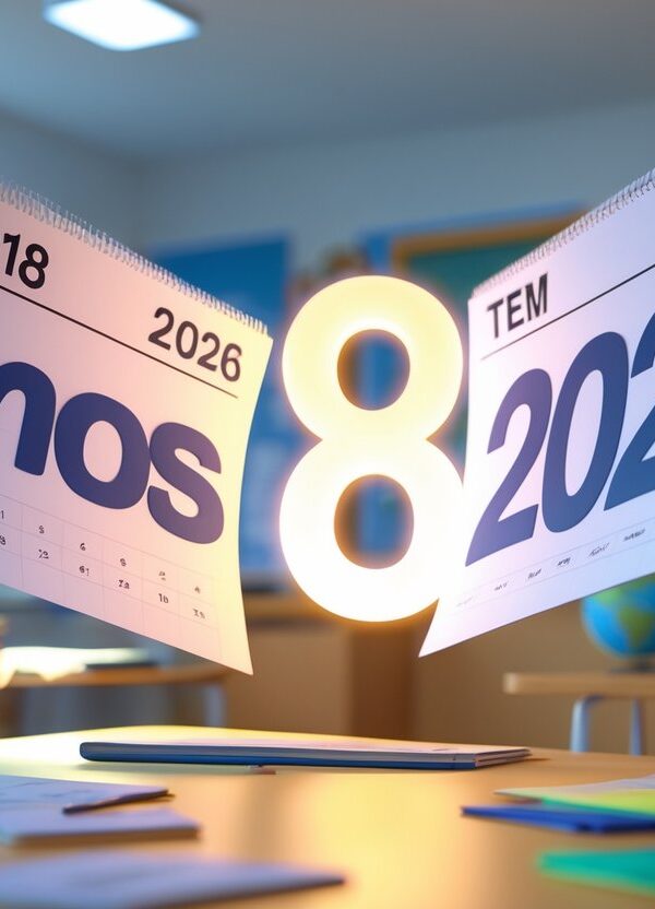 Cena mostrando dois calendários flutuando com os anos 2018 e 2026, e o número 8 entre eles, em um ambiente de sala de aula com materiais escolares.