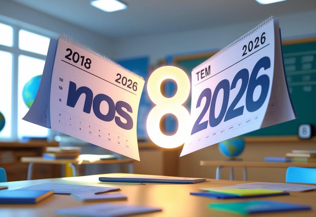 Cena mostrando dois calendários flutuando com os anos 2018 e 2026, e o número 8 entre eles, em um ambiente de sala de aula com materiais escolares.