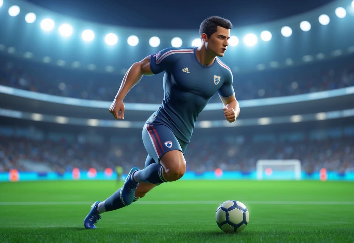Jogador de futebol correndo em campo com uniforme azul, com estádio e torcida ao fundo.