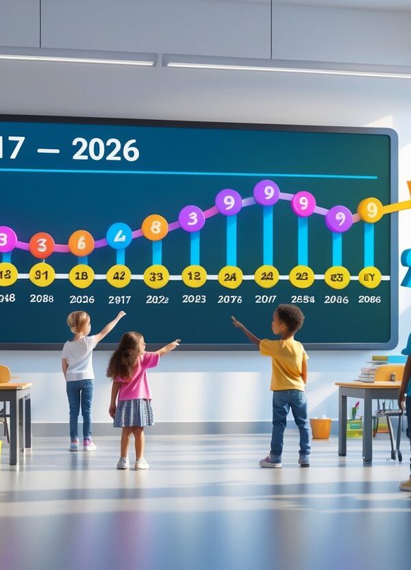 Crianças em uma sala de aula observando um quadro digital que mostra uma linha do tempo de 2017 a 2026 com um número 9 destacado, representando a idade de quem nasceu em 2017 no ano de 2026.