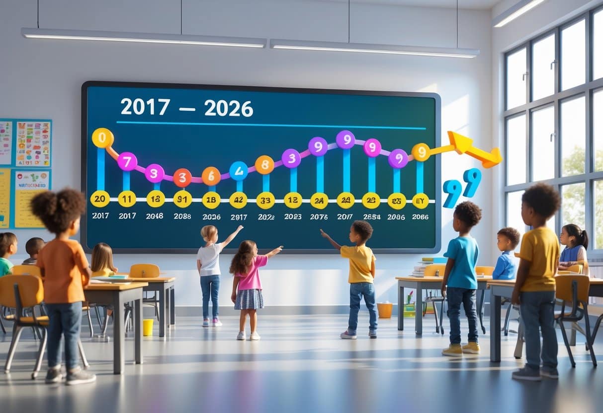 Crianças em uma sala de aula observando um quadro digital que mostra uma linha do tempo de 2017 a 2026 com um número 9 destacado, representando a idade de quem nasceu em 2017 no ano de 2026.