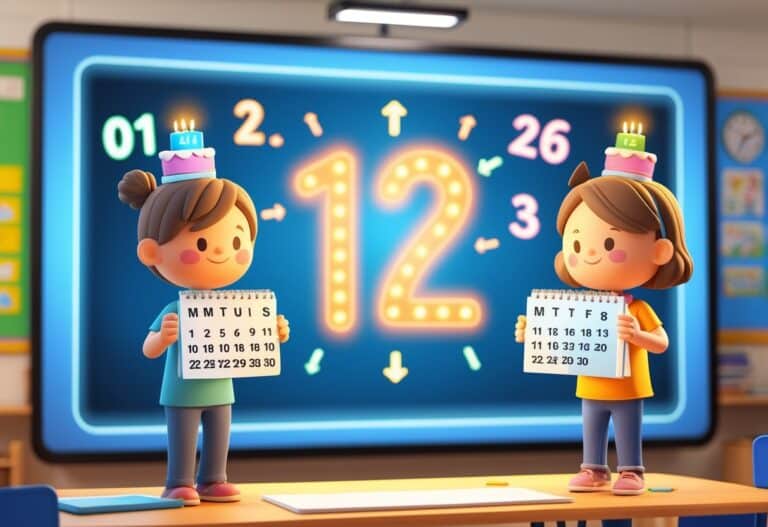 Cena de uma sala de aula com duas crianças e elementos visuais que representam a passagem do tempo entre 2014 e 2026, destacando o número 12.