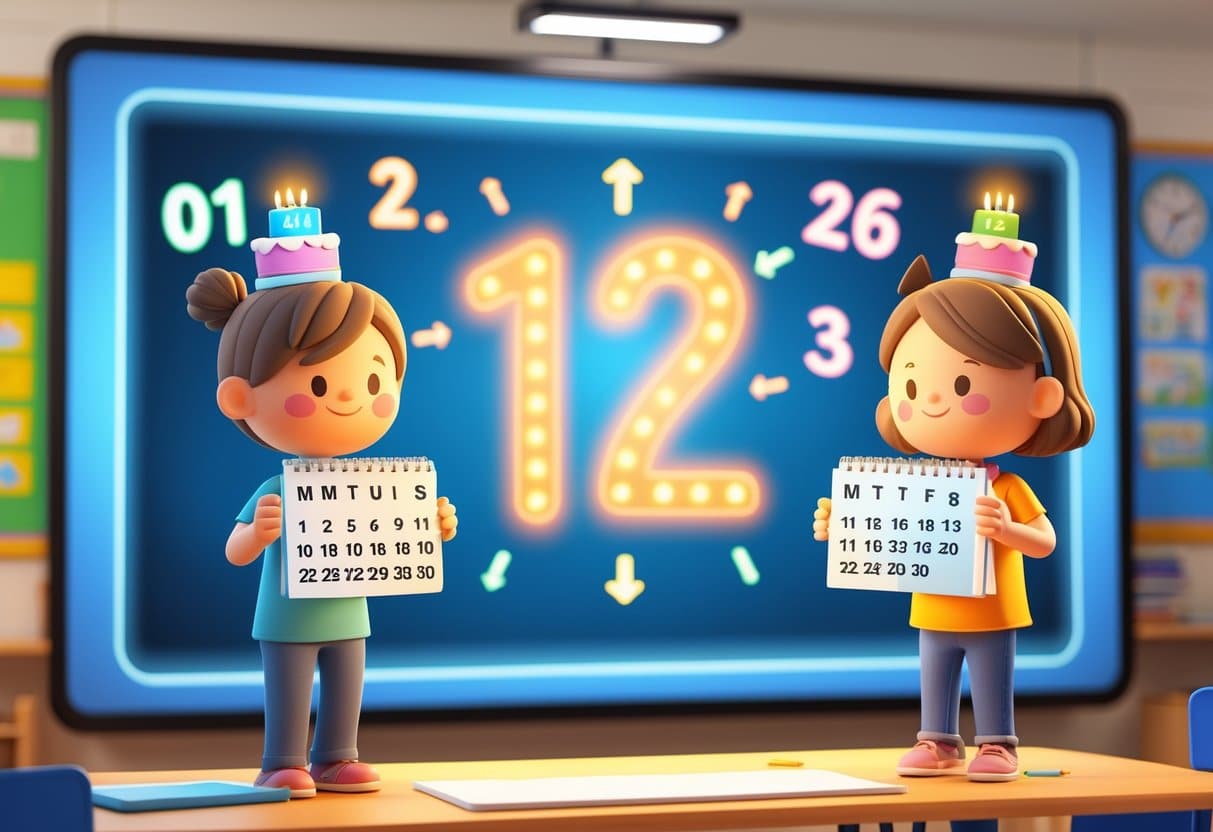 Cena de uma sala de aula com duas crianças e elementos visuais que representam a passagem do tempo entre 2014 e 2026, destacando o número 12.