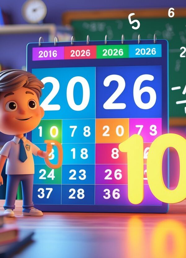 Cena de uma sala de aula com um calendário digital mostrando os anos 2016 e 2026, um estudante segurando o número 10 e elementos educativos ao redor.