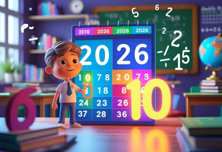 Cena de uma sala de aula com um calendário digital mostrando os anos 2016 e 2026, um estudante segurando o número 10 e elementos educativos ao redor.