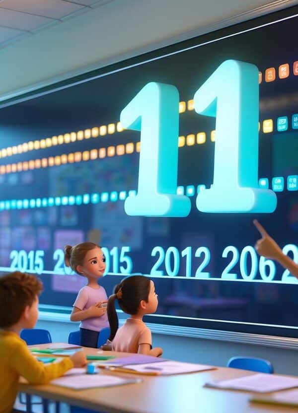 Sala de aula com crianças e professor olhando para uma linha do tempo digital que mostra os anos de 2015 a 2026, destacando o número 11 entre eles.