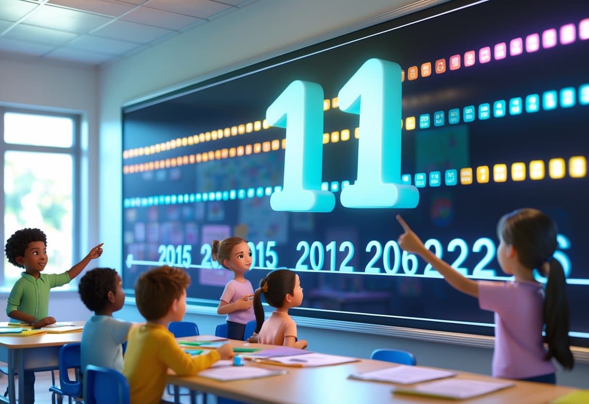 Sala de aula com crianças e professor olhando para uma linha do tempo digital que mostra os anos de 2015 a 2026, destacando o número 11 entre eles.