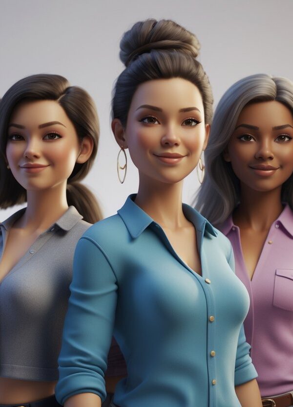 Grupo de personagens femininas diversas em pé, com diferentes aparências e expressões, em um ambiente simples.
