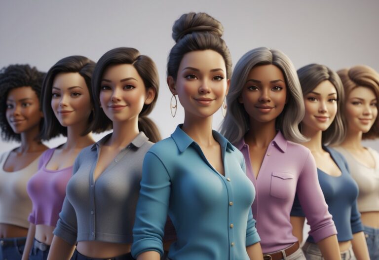 Grupo de personagens femininas diversas em pé, com diferentes aparências e expressões, em um ambiente simples.