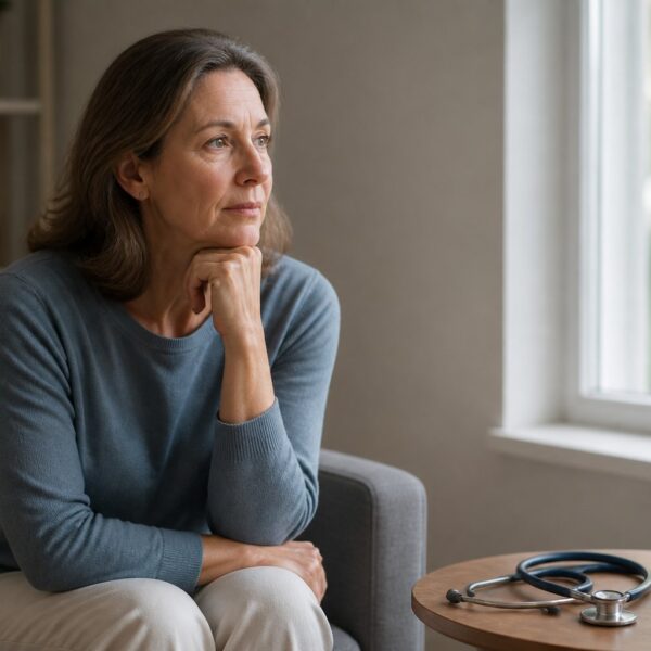 Pessoa pensativa sentada sozinha perto de uma janela, com expressão reflexiva e itens médicos discretos sobre uma mesa próxima.