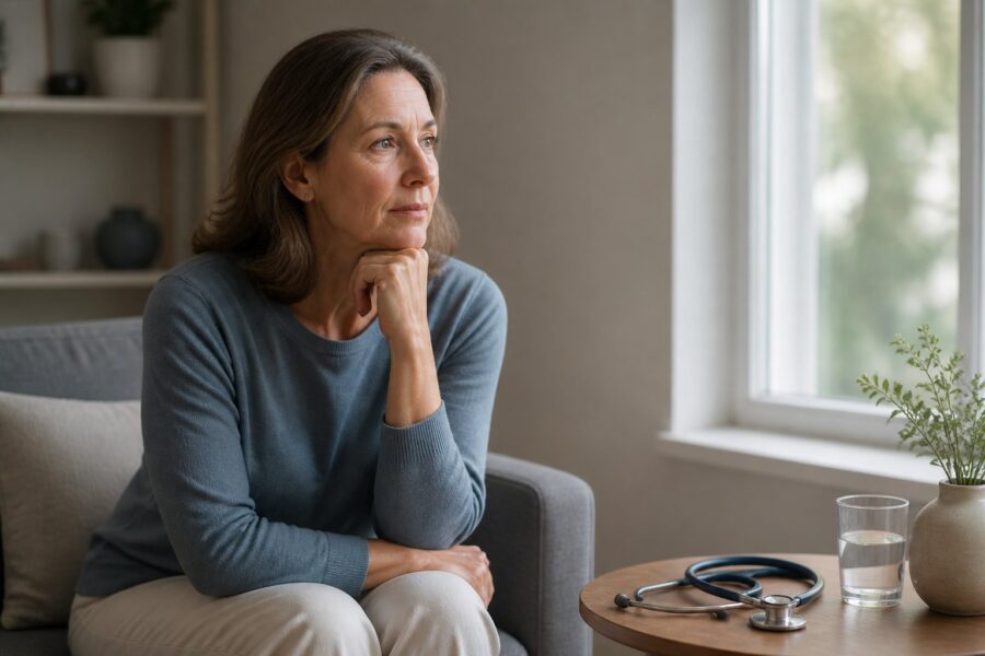 Pessoa pensativa sentada sozinha perto de uma janela, com expressão reflexiva e itens médicos discretos sobre uma mesa próxima.