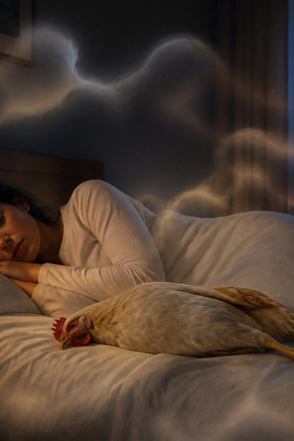 Quarto tranquilo à noite com uma galinha morta repousando sobre a cama, cercada por uma atmosfera onírica.
