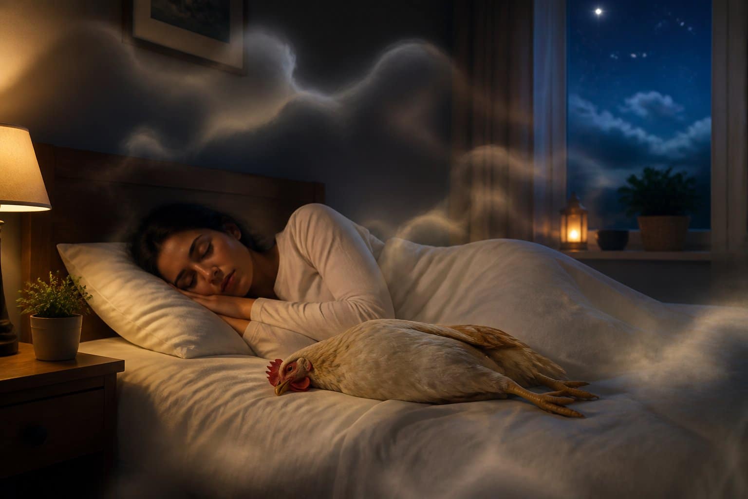 Quarto tranquilo à noite com uma galinha morta repousando sobre a cama, cercada por uma atmosfera onírica.