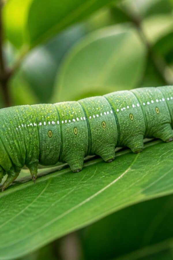 Lagarta verde sobre uma folha verde em um ambiente natural.