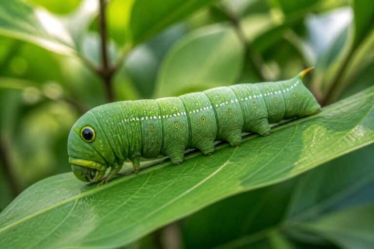 Lagarta verde sobre uma folha verde em um ambiente natural.