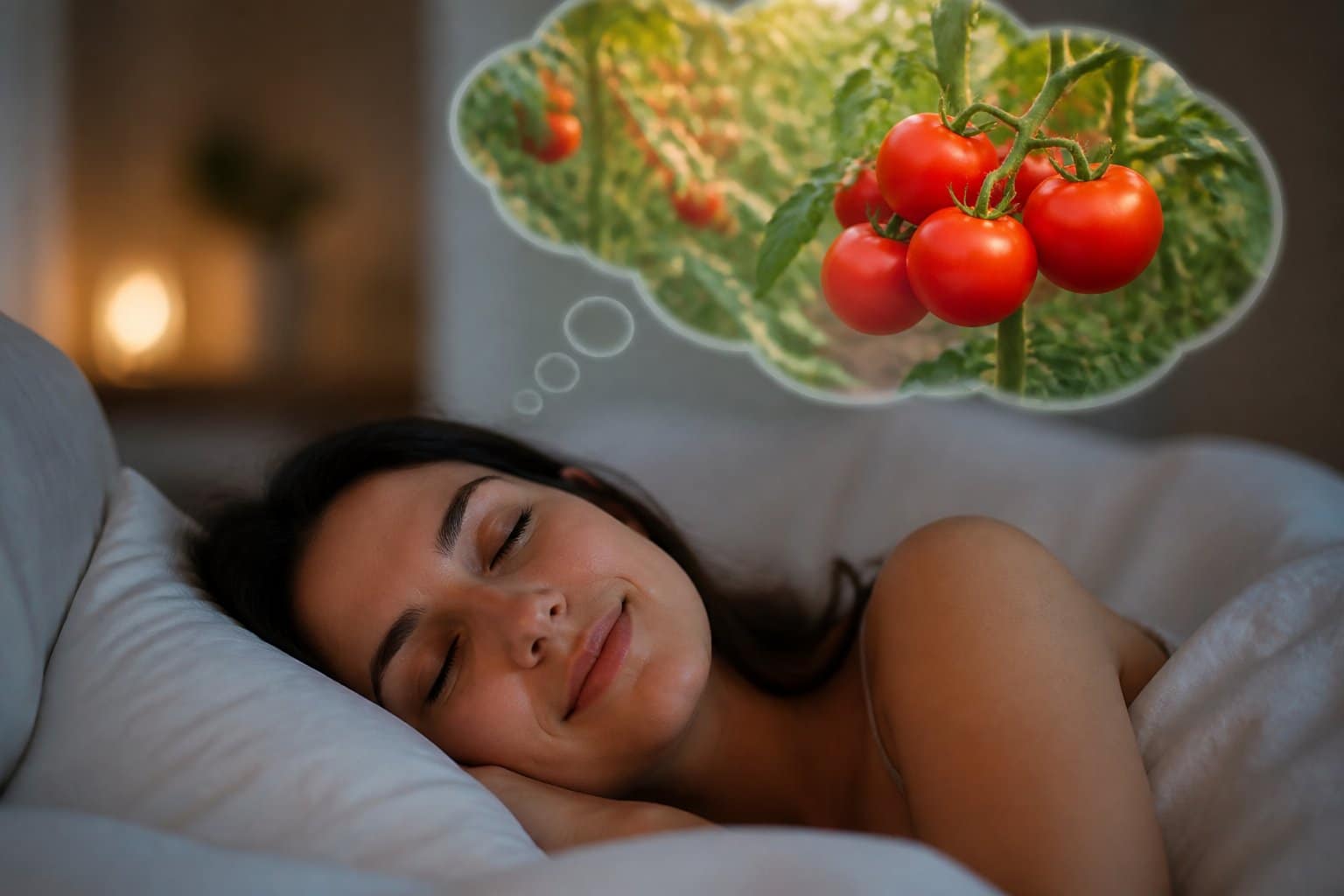 Pessoa sonhando com tomates vermelhos maduros pendurados em videiras verdes em um jardim ensolarado.