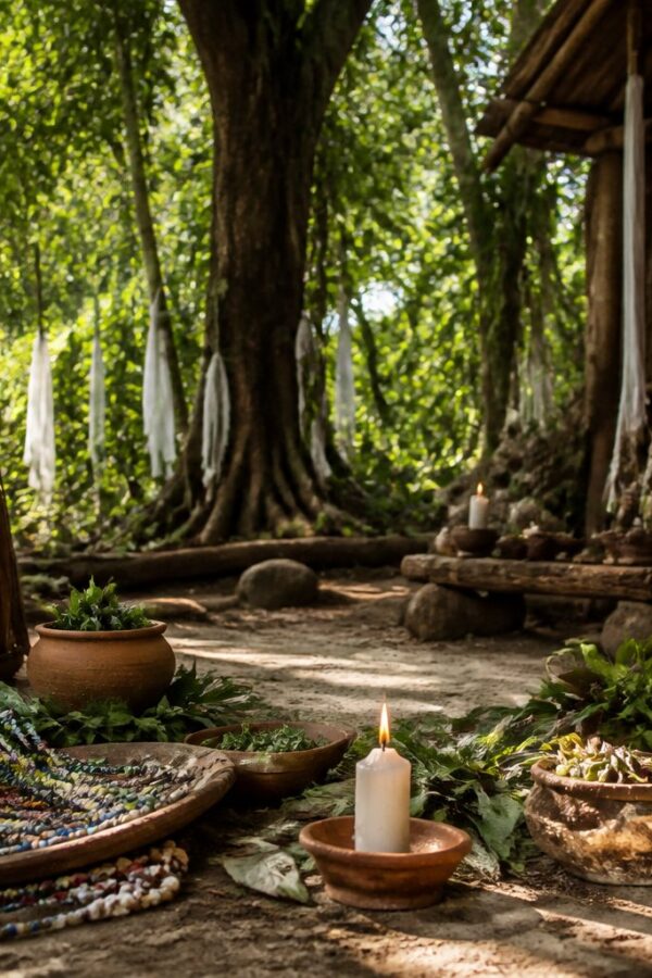 Clareira ao ar livre com objetos tradicionais de terreiro de macumba, como tambores, velas e oferendas, cercada por árvores e plantas tropicais.