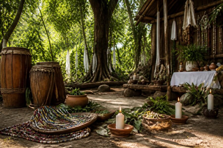Clareira ao ar livre com objetos tradicionais de terreiro de macumba, como tambores, velas e oferendas, cercada por árvores e plantas tropicais.