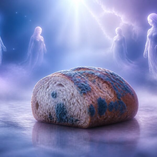 Pão mofado flutuando em um ambiente espiritual com figuras translúcidas ao redor e luz suave.