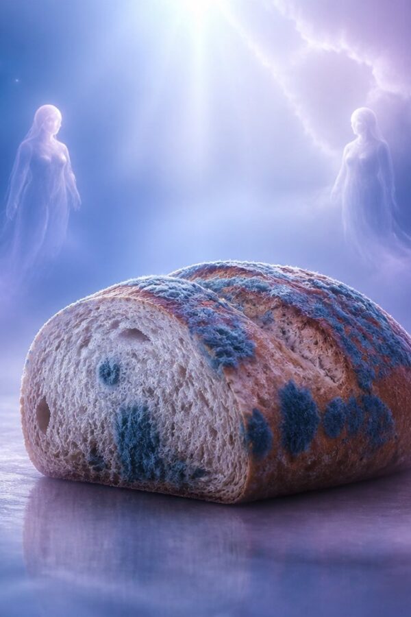 Pão mofado flutuando em um ambiente espiritual com figuras translúcidas ao redor e luz suave.