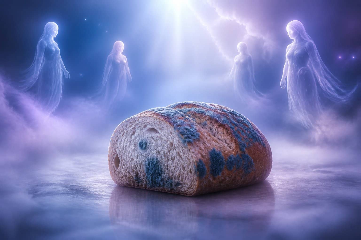 Pão mofado flutuando em um ambiente espiritual com figuras translúcidas ao redor e luz suave.