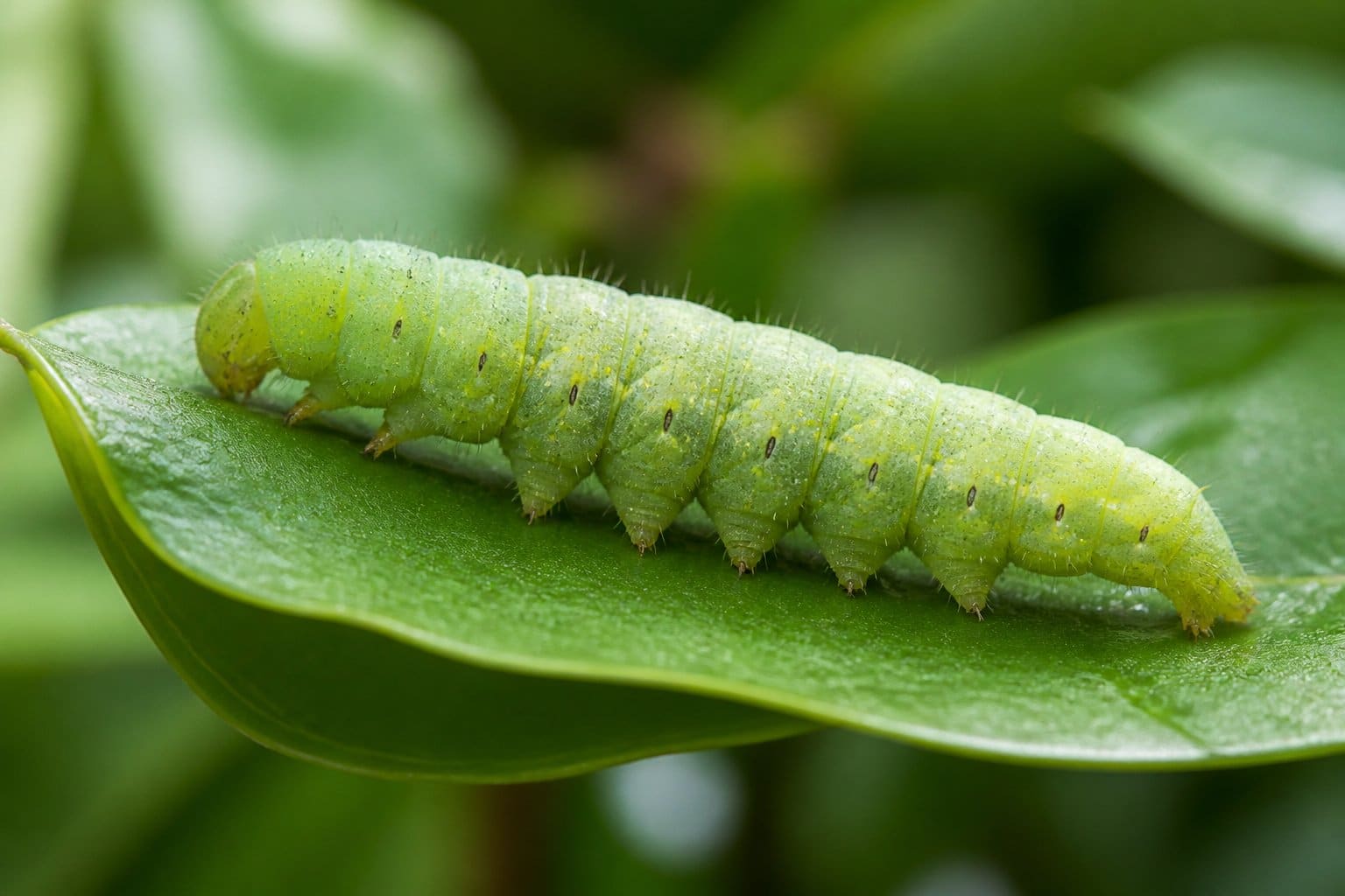 Lagarta verde descansando sobre uma folha verde em um ambiente natural.