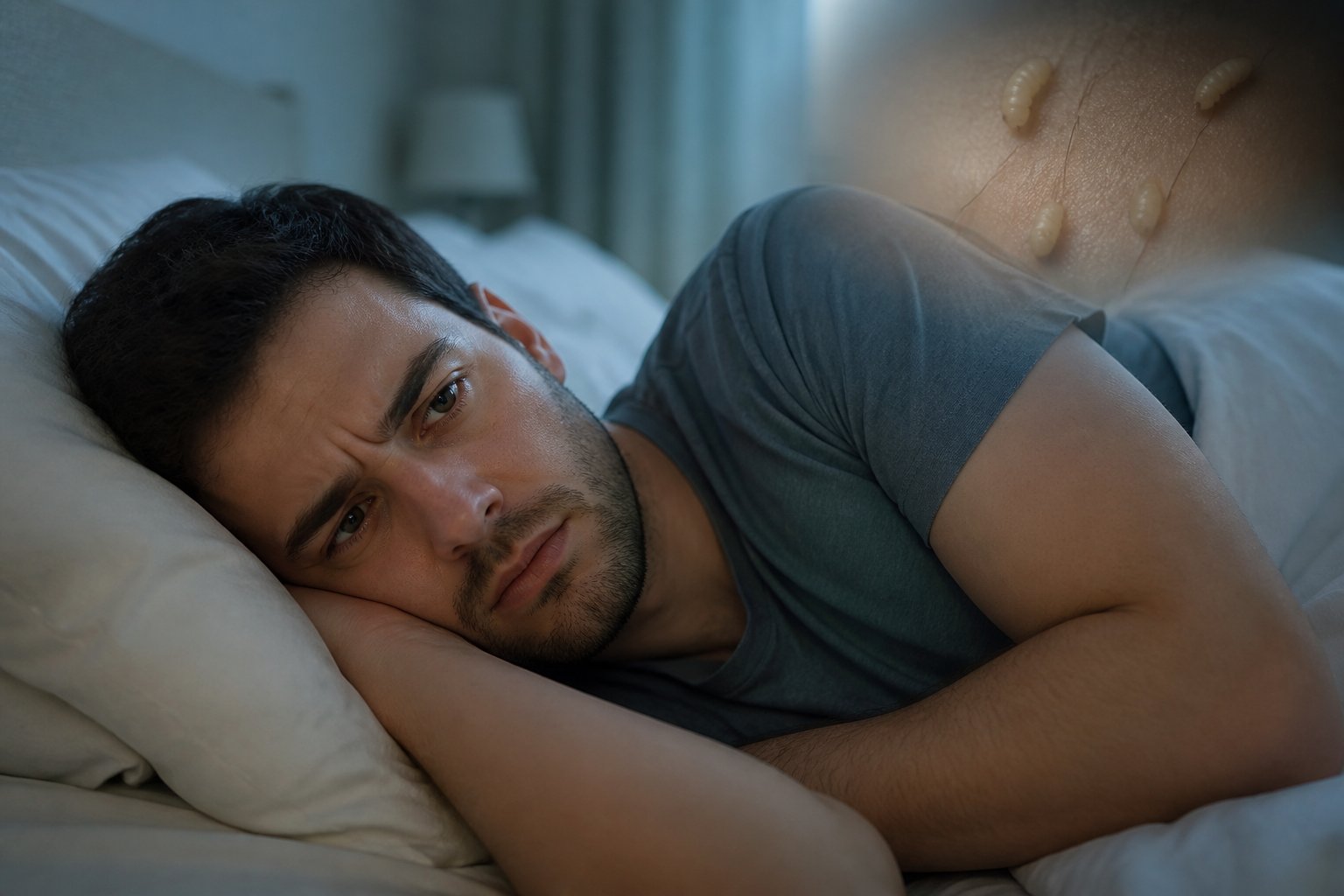 Pessoa deitada na cama com expressão pensativa e levemente preocupada, representando um sonho inquietante.