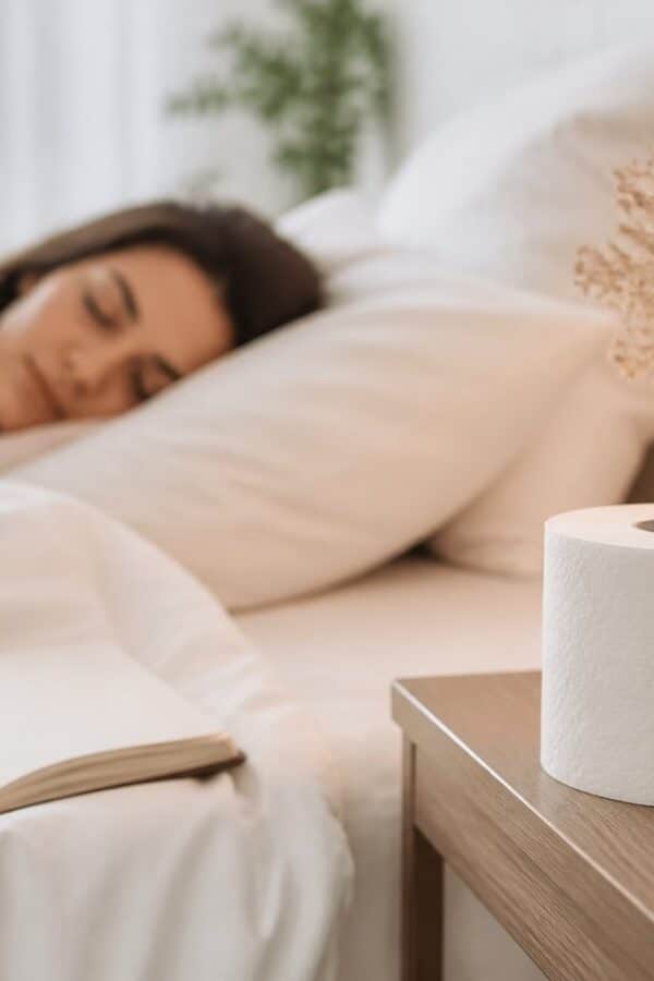 Um quarto tranquilo com uma cama arrumada, um rolo de papel higiênico sobre um criado-mudo ao lado de um diário aberto.