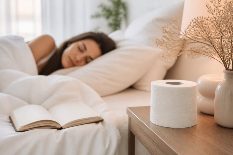 Um quarto tranquilo com uma cama arrumada, um rolo de papel higiênico sobre um criado-mudo ao lado de um diário aberto.