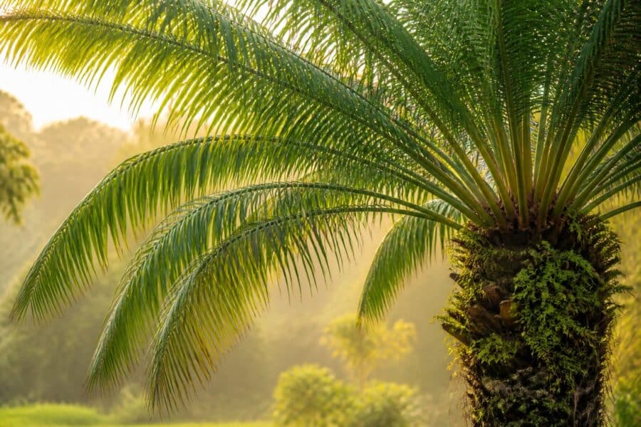 Árvore macumbeira verde sob luz suave do sol em um ambiente natural tranquilo.