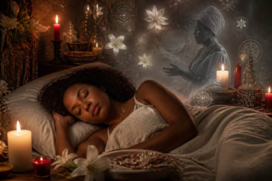 Pessoa dormindo tranquilamente em um quarto com velas acesas e objetos espirituais ao redor da cama.