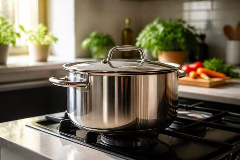 Uma panela brilhante sobre um fogão em uma cozinha iluminada pela luz natural, com ingredientes frescos ao fundo.