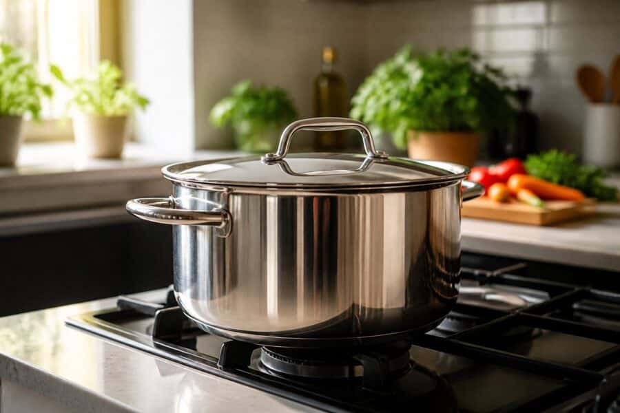 Uma panela brilhante sobre um fogão em uma cozinha iluminada pela luz natural, com ingredientes frescos ao fundo.