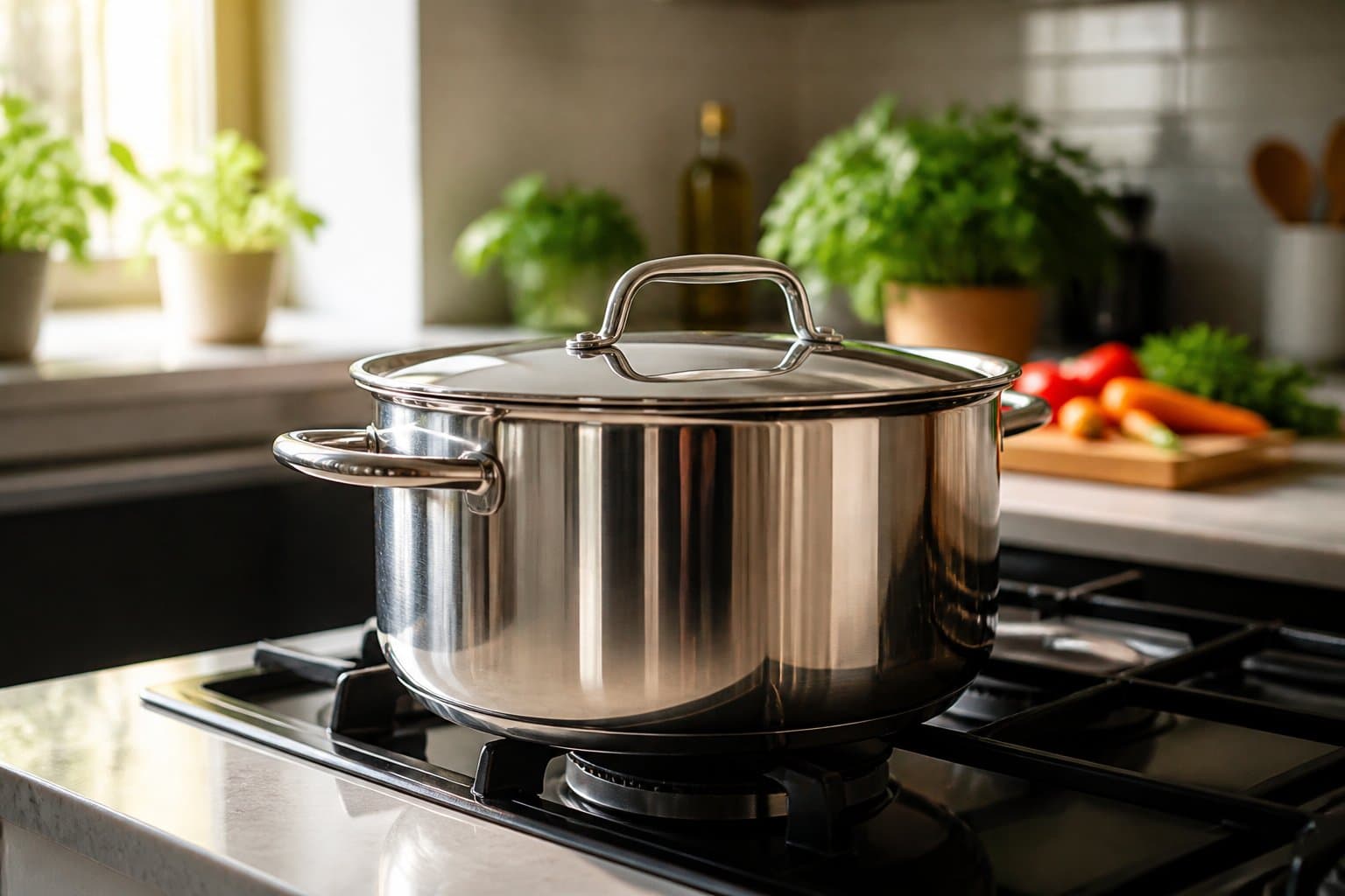 Uma panela brilhante sobre um fogão em uma cozinha iluminada pela luz natural, com ingredientes frescos ao fundo.